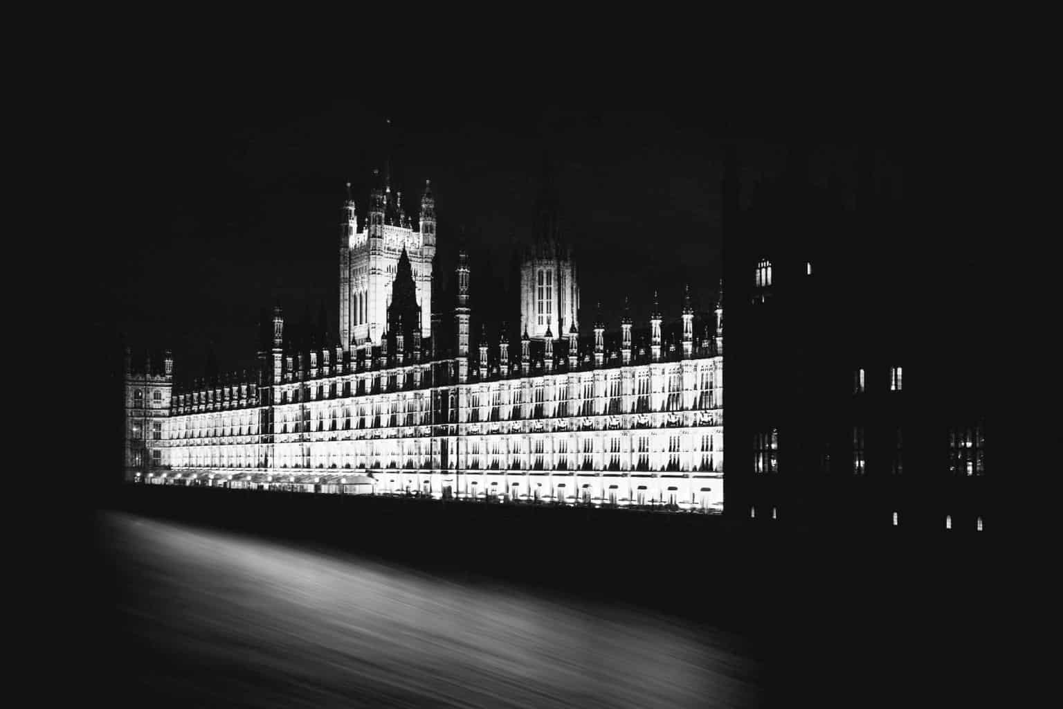  Black and white pictue of the Palace of Westminster at night by Rick McEvoy London Photographer 