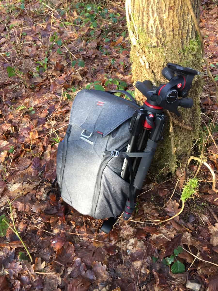  The Peak Design Everyday Backpack with Manfrotto Tripod safely attached 
