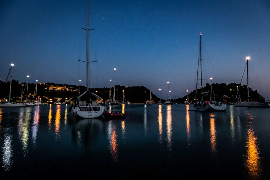  Boats moored overnight in Lakka on the Greek Island of Paxos 