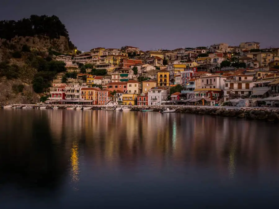 Reflections of the buildings of parga in the early morning light