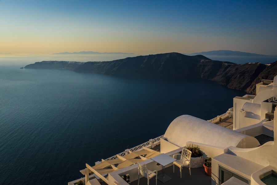 View of the caldera of Santorini and Oia from a hotel in Imerovi
