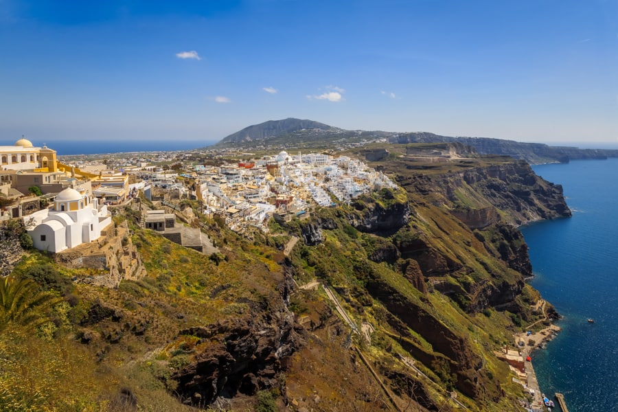This is the view of Fira, the capital of the wonderful Greek Island of Santorini, photographed from the path from Imerovigli one sunny April afternoon. In this photo you can see how Santorini has developed, with all those white buildings sat on top of the caldera