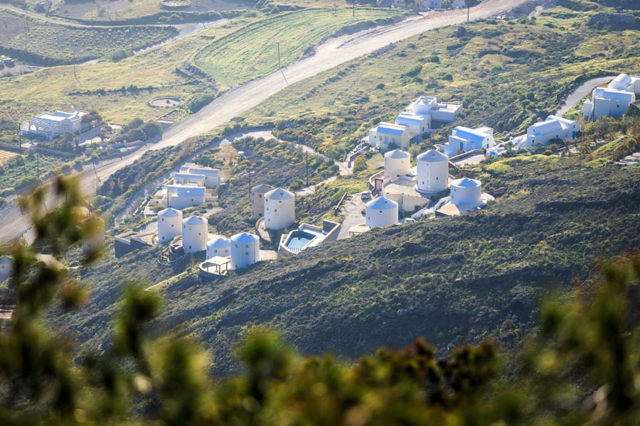 White buildings of Santorini viewed from the top of the caldera
